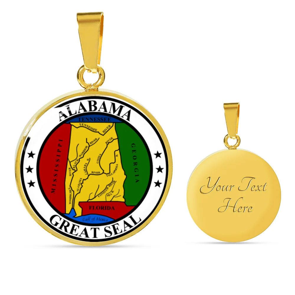 Alabama State Seal Personalized Engraved Gold Circle Necklace Custom Name Date